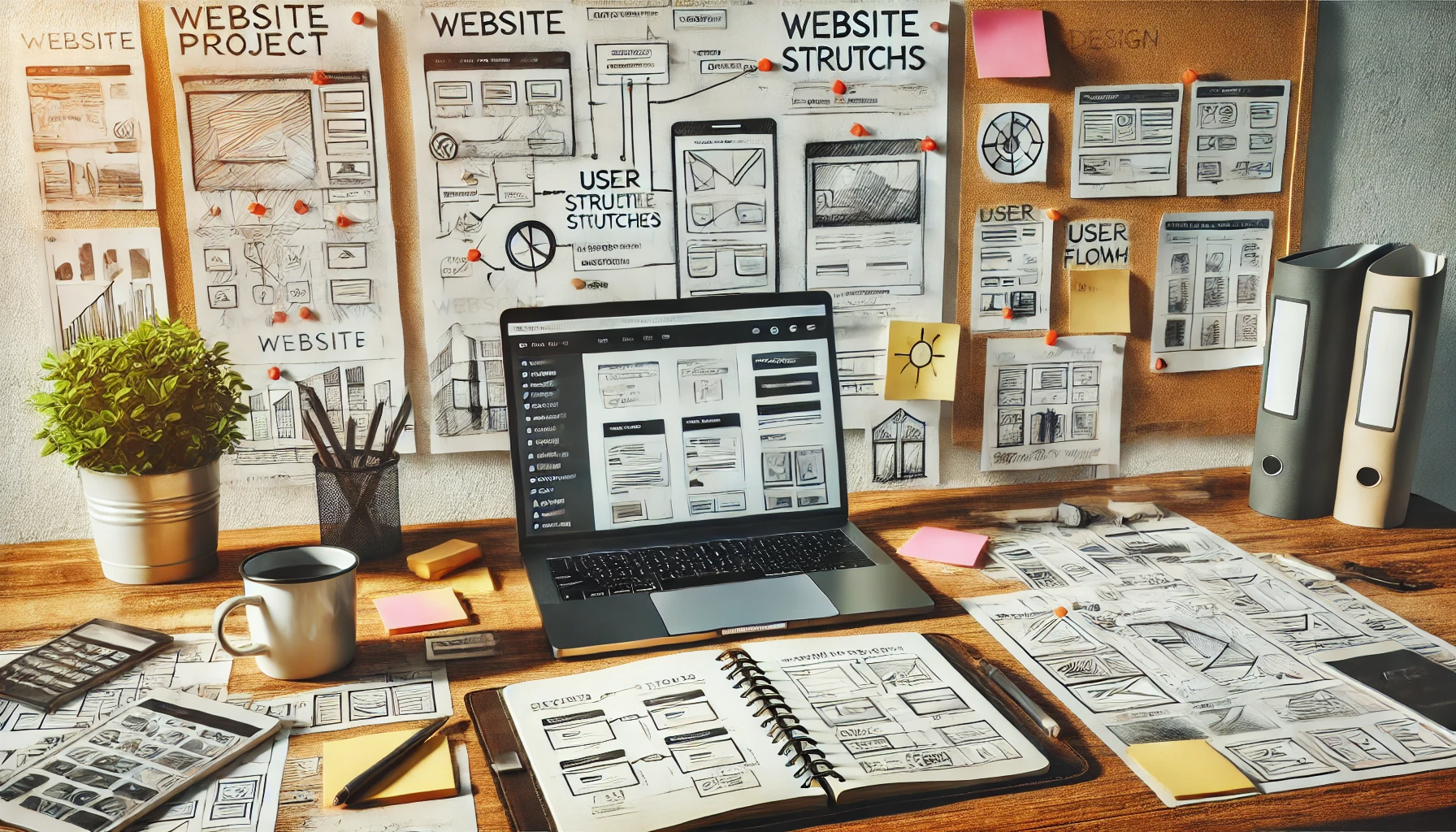 DALL·E 2025 03 20 09.17.32 A creative workspace for conceiving a website project. The image shows a desk with a laptop displaying wireframes and design sketches for a website a 1