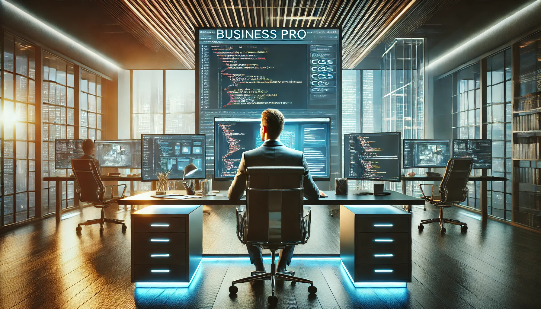 BUSINESS PRO 1 DALL·E 2025 03 20 21.19.40 A realistic image representing BUSINESS PRO web development services. A modern high end office environment with a professional web developer workin